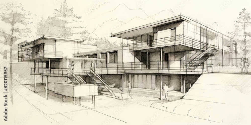 Detailed pencil sketch of modern suburban house. Abstract imaginary building concept. Generative AI