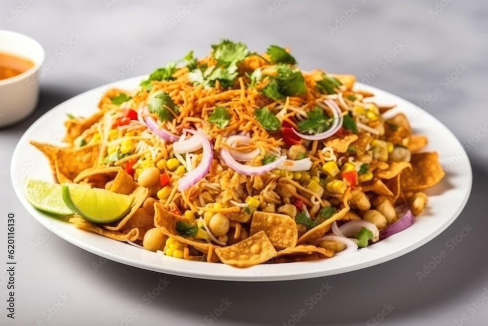 Delicious and colorful street food from India made with peanuts, crunchy noodles, veggies, and aromatic spices Delicious and colorful street food from India made with peanuts, crunchy noodles, veggies, and aromatic spices