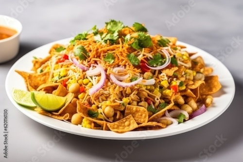Delicious and colorful street food from India made with peanuts, crunchy noodles, veggies, and aromatic spices photo