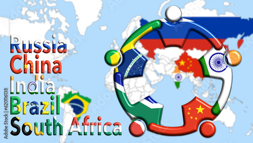 Russia, China, India, Brazil and South Africa, five stylized men embracing in a circle, with the flags of the countries, come together to form an economic group