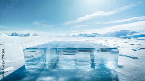 Selective focus.podium platform of ice or iceberg mountain landscap.product display table.stand abstract background.generative ai images