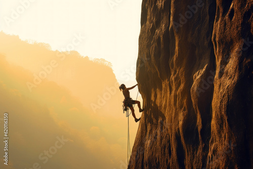 Captivating photo of a girl rock climbing on a cliff under the bright noon sun, showcasing her strength and determination. Generative AI.