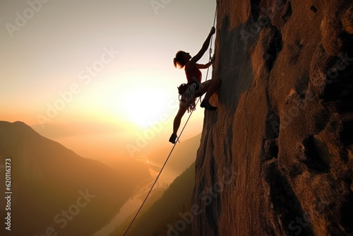 Captivating photo of a girl rock climbing on a cliff under the bright noon sun, showcasing her strength and determination. Generative AI.