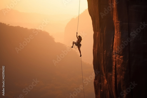 Captivating photo of a girl rock climbing on a cliff under the bright noon sun, showcasing her strength and determination. Generative AI.