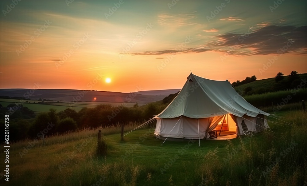 Luxury Tent Camping in Nature with Sun and Beautiful Landscape Outdoors Luxury Tent Camping in Nature with Sun and Beautiful Landscape Outdoors