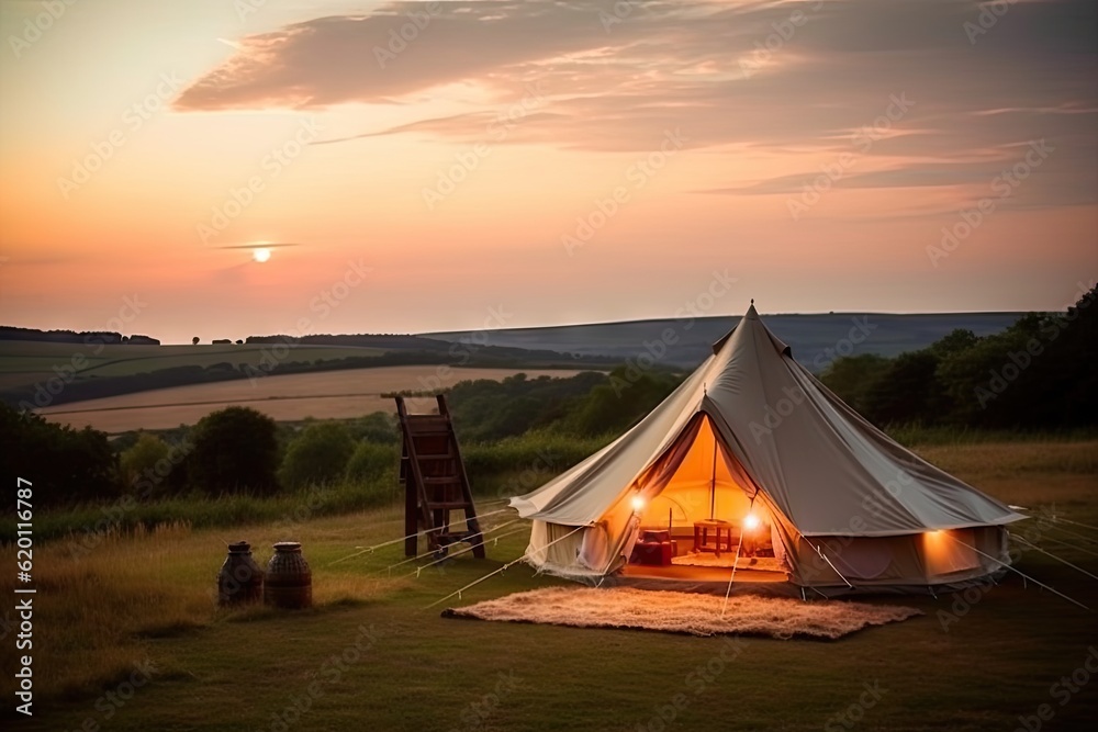 Luxury Tent Camping in Nature with Sun and Beautiful Landscape Outdoors Luxury Tent Camping in Nature with Sun and Beautiful Landscape Outdoors