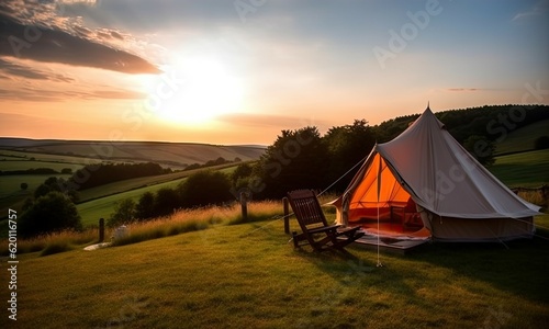 Luxury Tent Camping in Nature with Sun and Beautiful Landscape Outdoors