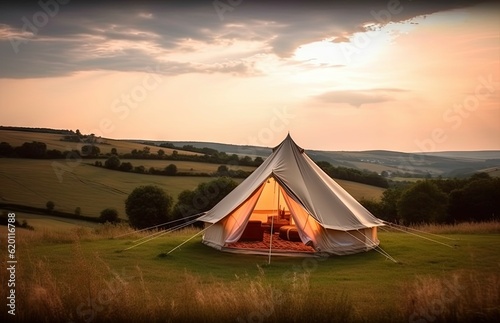 Luxury Tent Camping in Nature with Sun and Beautiful Landscape Outdoors