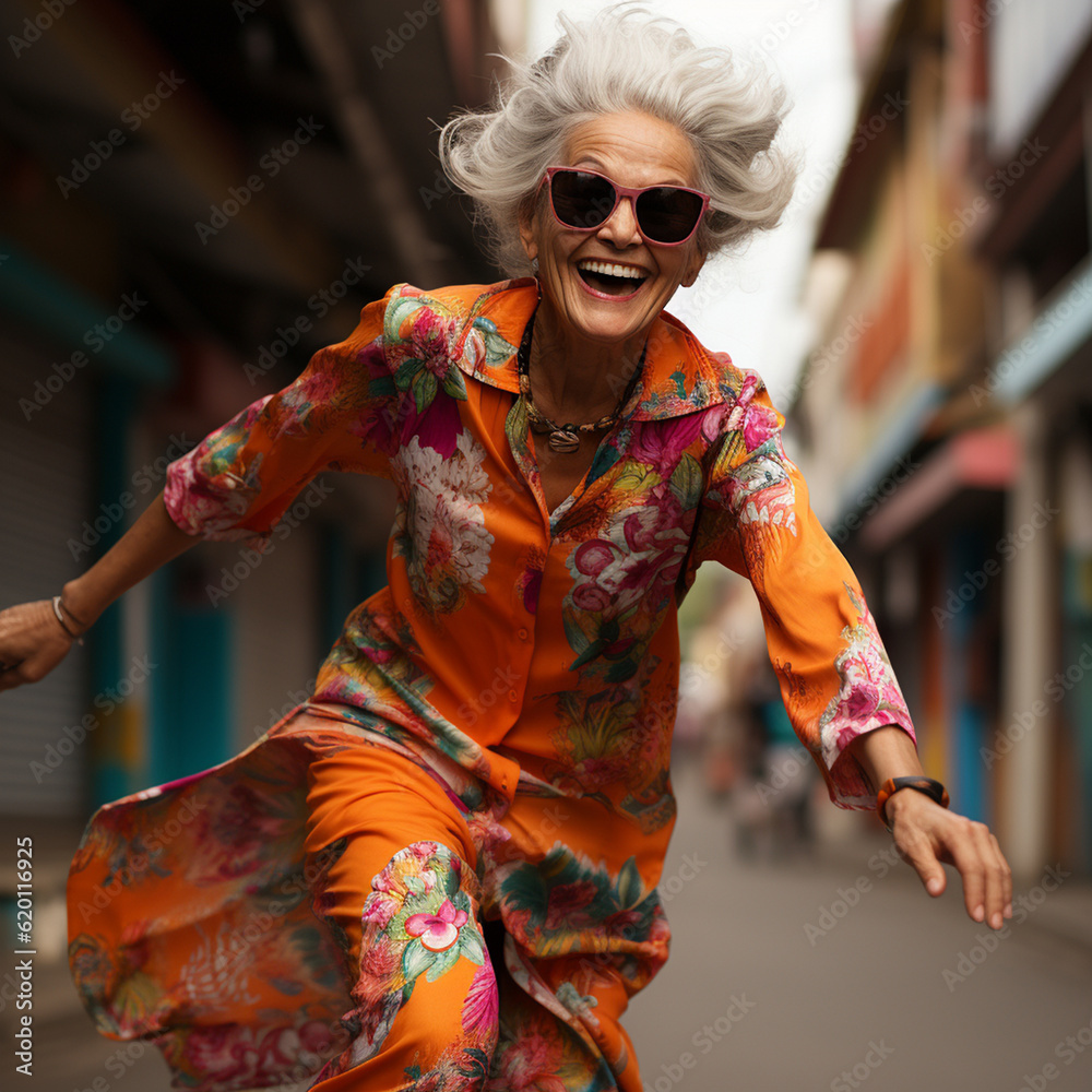 Happy elderly woman runs through the street, wearing a colorful dress, grandmother smiling and enjoying life, generative AI