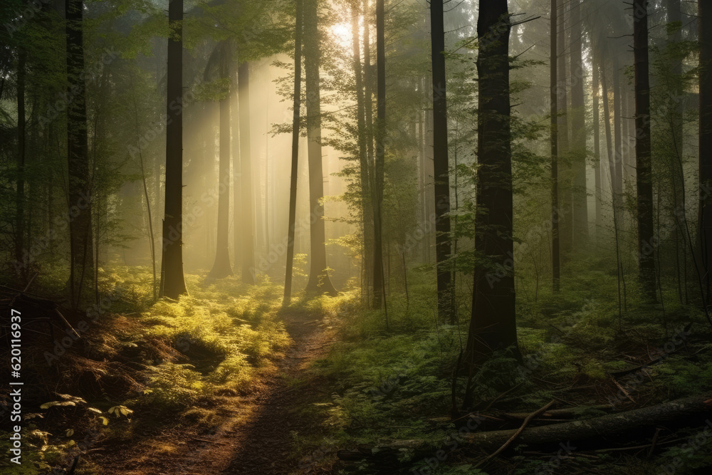 Deciduous forest in the soft morning light. Generative AI. Deciduous forest in the soft morning light. Generative AI.