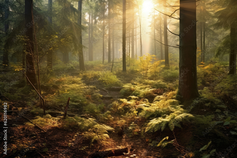 Fototapeta premium Deciduous forest in the soft morning light. Generative AI.