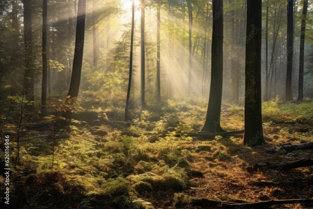 Fototapeta premium Deciduous forest in the soft morning light. Generative AI.