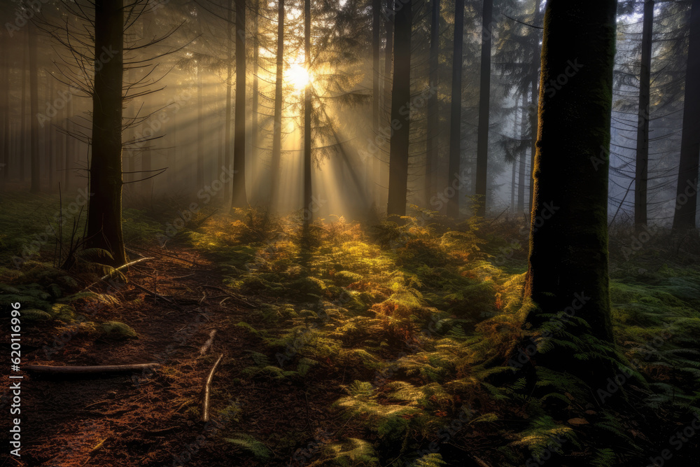 Fototapeta premium Deciduous forest in the soft morning light. Generative AI.