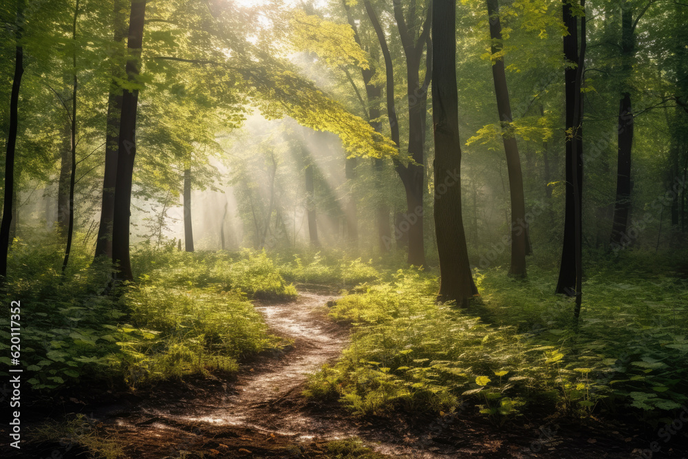 Naklejka premium Deciduous forest in the soft morning light. Generative AI.