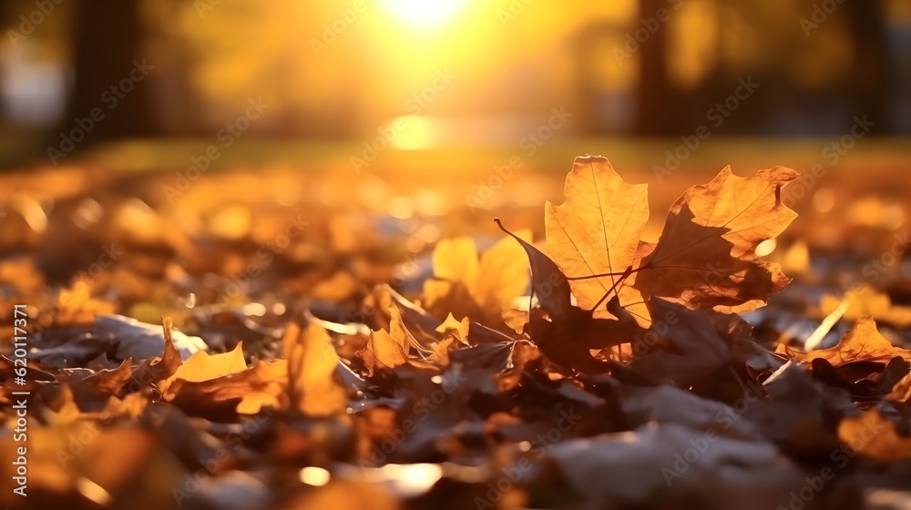Autumn leaves in the park at sunset. Autumn background with leaves.
