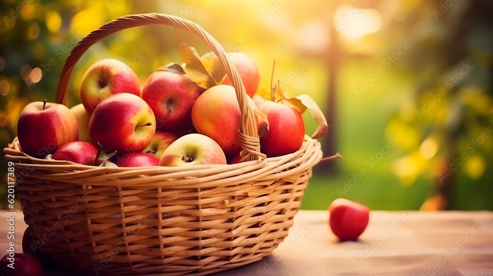 Ripe red apples in a wicker basket on a wooden table in the garden Ripe red apples in a wicker basket on a wooden table in the garden