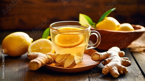Fotografija Ginger tea with lemon and honey on a wooden table
