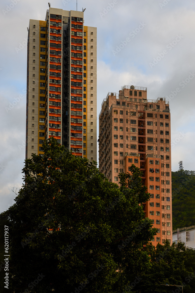 Crowded high-rise residential buildings on the streets of Hong Kong