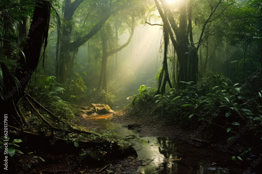Deciduous forest in the soft morning light. Generative AI. Deciduous forest in the soft morning light. Generative AI.