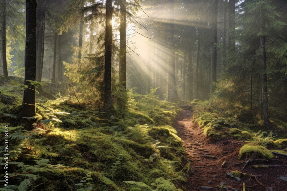 Fototapeta premium Deciduous forest in the soft morning light. Generative AI.