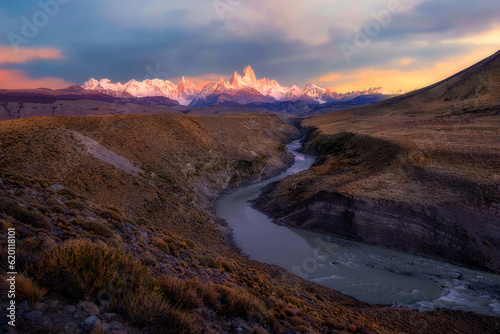 Beautiful landscape view point at Patagonia in Argentina that can see Mount Fitz Roy as background with Las Vueltas River as foreground.