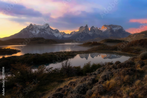 The Torres del Paine National Park at Patagonia in Chile. Beautiful mountain and sky view with reflection at lago pehoe lake during sunset time.