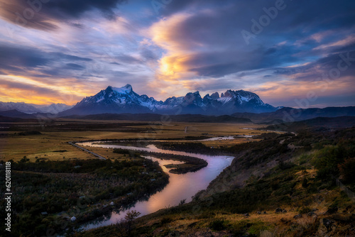 Beautiful landscape at view point of Mirador Rio Serrao at Torres del Paine National Park, Patagonia in Chile. © Jack
