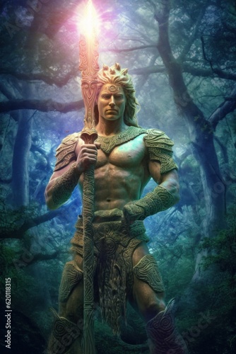 A statue of an old norse scandinavian pagan god Freyr with his staff, associated with kingship, fertility, peace, prosperity, fair weather, and good harvest. Generative AI image. photo