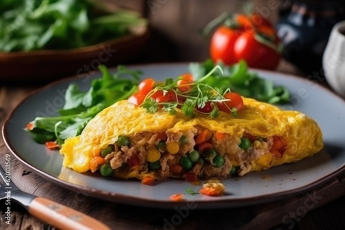 Egg omelette stuffed with mashed vegetables and cherry tomator on top served on a plate