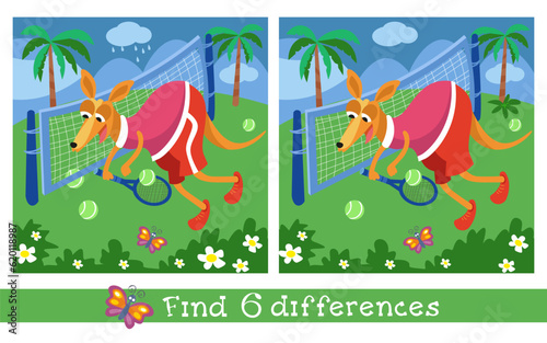 Find 6 differences. Puzzle game for children. Cute kangaroo playing tennis outside. Summer landscape with palm trees. Sport for children. Tennis racket  ball  sports net. Vector cartoon illustration. 