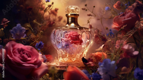 bottle of perfume with flowers in nature background, AI generated.