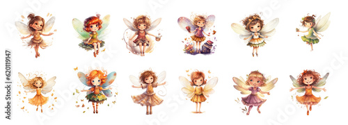Set of illustrations of beautiful watercolor fairies for children and children's books