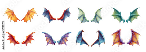 Set of illustrations of beautiful watercolor dragon wings for children and children's books AI
