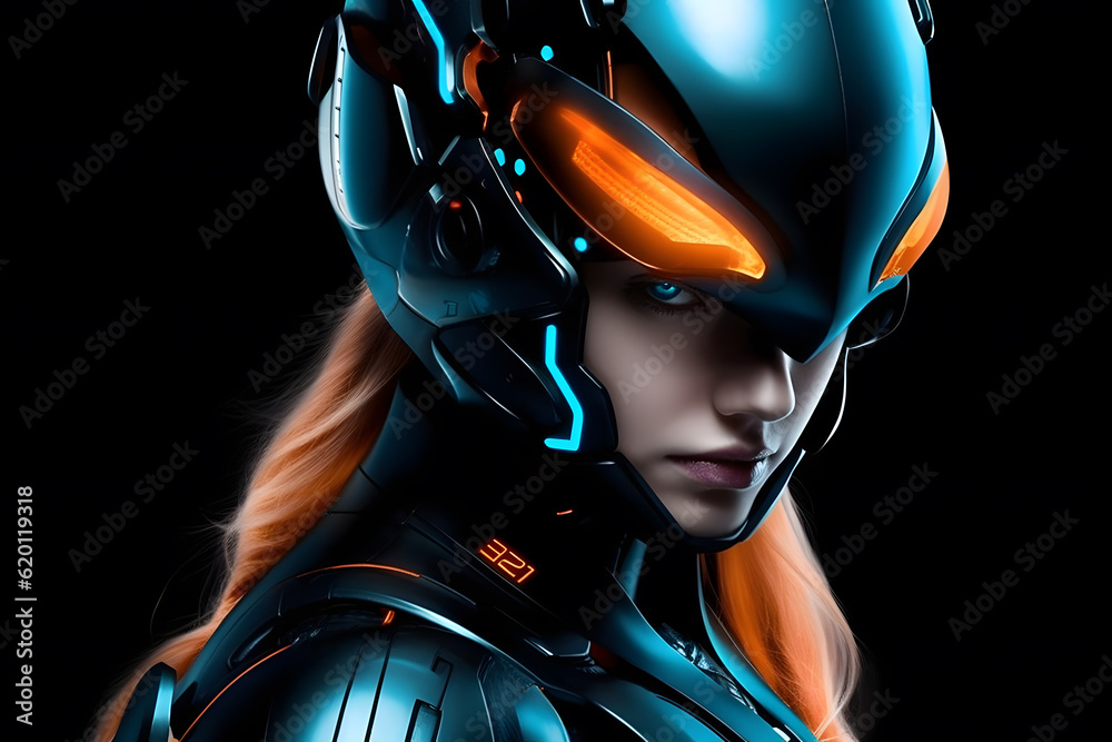 Female cyborgs in dark cyan and orange armor, luminescent color scheme, metalworking mastery, concept of futuristic technology