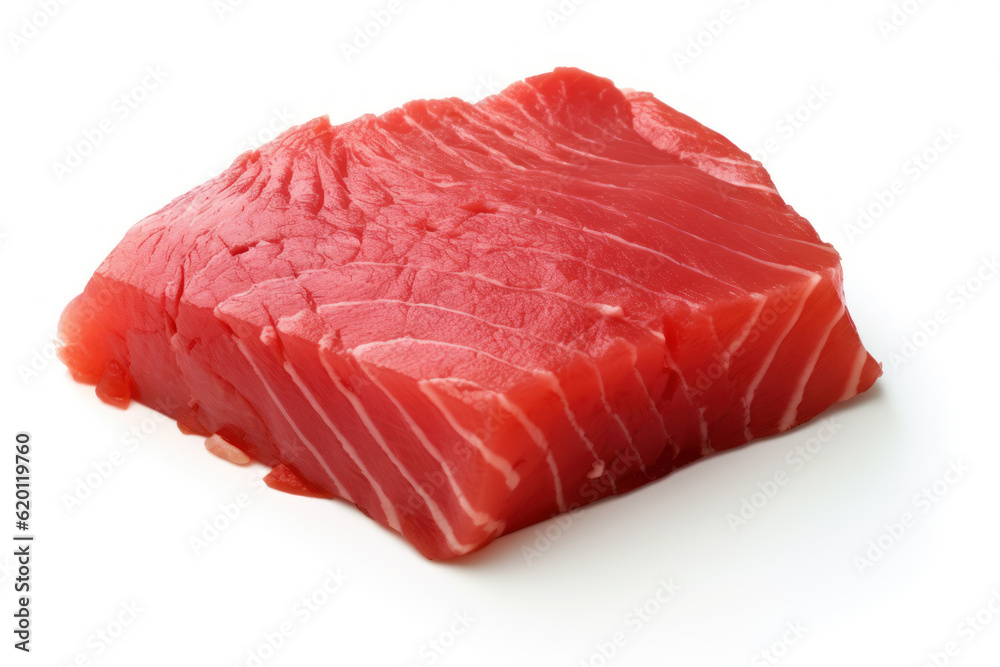 Fresh and succulent cuts of tuna meat, perfectly captured on a clean and white background, emphasizing its freshness and natural appeal. Generative AI. Fresh and succulent cuts of tuna meat, perfectly captured on a clean and white background, emphasizing its freshness and natural appeal. Generative AI.