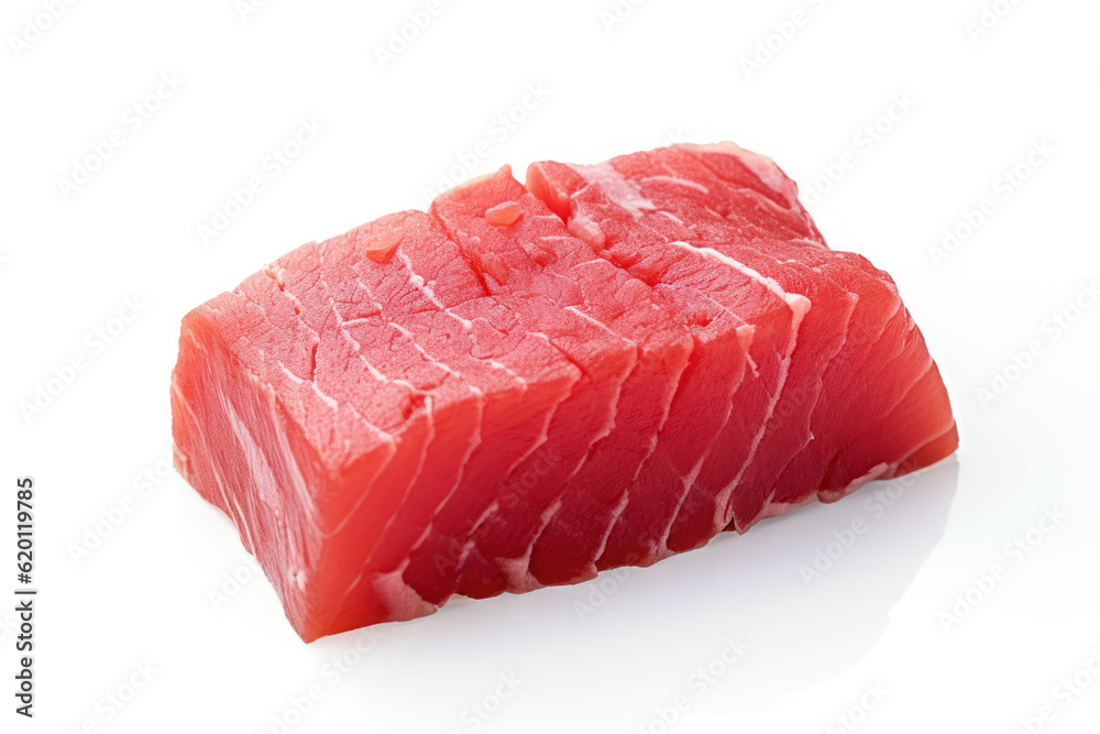 Fresh and succulent cuts of tuna meat, perfectly captured on a clean and white background, emphasizing its freshness and natural appeal. Generative AI. Fresh and succulent cuts of tuna meat, perfectly captured on a clean and white background, emphasizing its freshness and natural appeal. Generative AI.