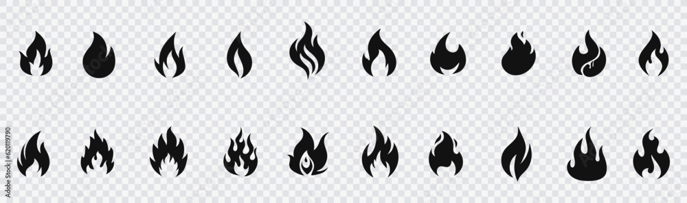 Set of fire flame vector icons. Collection of fire and flame icons. Bonfire icons, flaming elements.