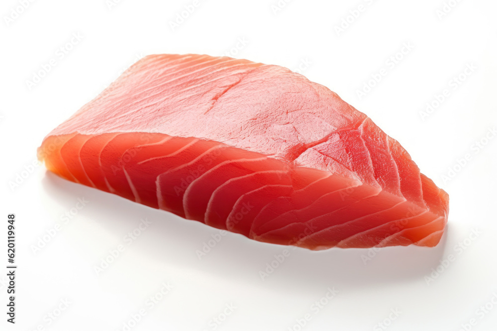 Fresh and succulent cuts of tuna meat, perfectly captured on a clean and white background, emphasizing its freshness and natural appeal. Generative AI.