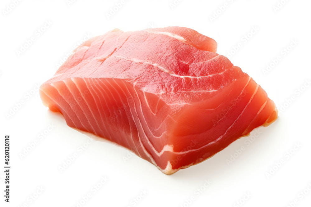 Fresh and succulent cuts of tuna meat, perfectly captured on a clean and white background, emphasizing its freshness and natural appeal. Generative AI.