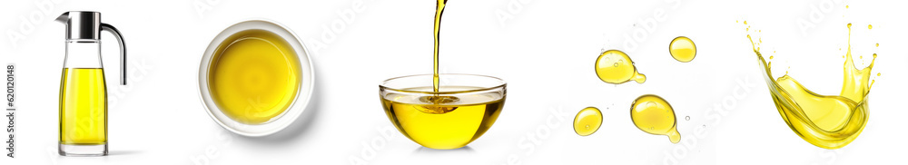 Set of liquid oil in dispencer, bowl top view, pouring in a bowl,  drops, splashes, isolated on transparent background
