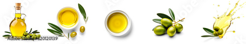 Set of olive oil: a bottle, a bowl, splashes with drops, olives, isolated on transparent   photo