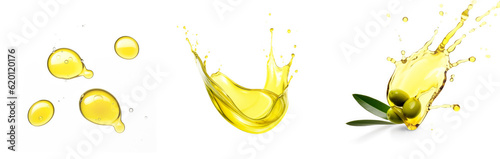 Set of  drops and splashes of olive oil, close up, isolated on transparent photo