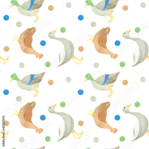 Children s seamless pattern with chicken  duck  goose and colored circle. Watercolor illustration highlighted on a white background. A set OF ANIMAL FACES. Suitable for children s textile design