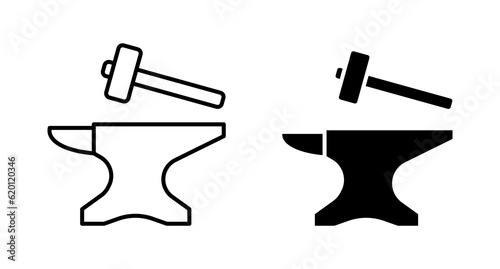 Fotografia Blacksmith crafting vector icon set. Anvil and hammer symbol