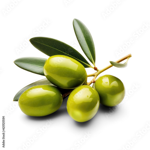 Green olives with leaves isolated on transparent background