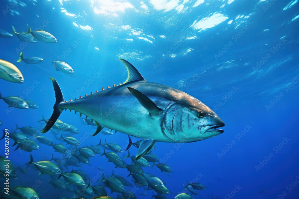 Fototapeta premium Group of tuna swimming gracefully in the crystal-clear sea, surrounded by vibrant coral reefs, illuminated by the bright afternoon sun. Generative AI.