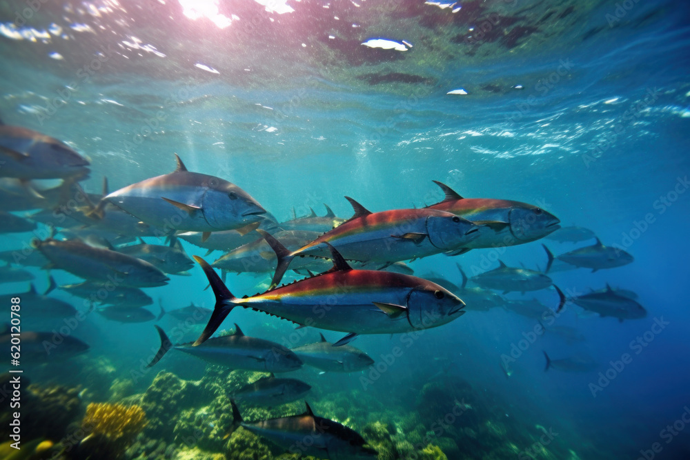 Fototapeta premium Group of tuna swimming gracefully in the crystal-clear sea, surrounded by vibrant coral reefs, illuminated by the bright afternoon sun. Generative AI.