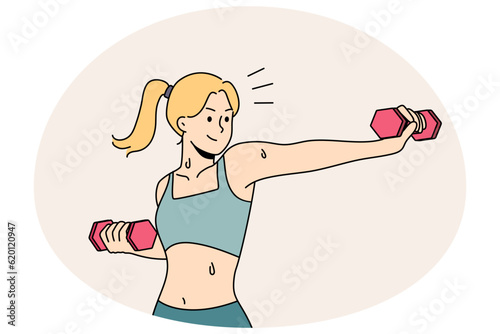 Active fit young woman with dumbbells training for good body figure. Toned girl in sportswear workout do sports follow healthy lifestyle. Vector illustration.