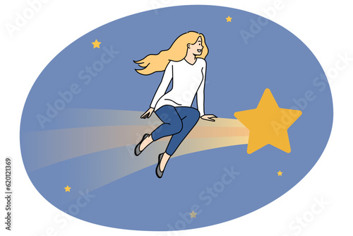 Young woman sitting on big star dreaming or thinking of future. Girl imagining perspectives or making plans. Dreamer in starry sky. Vector illustration.