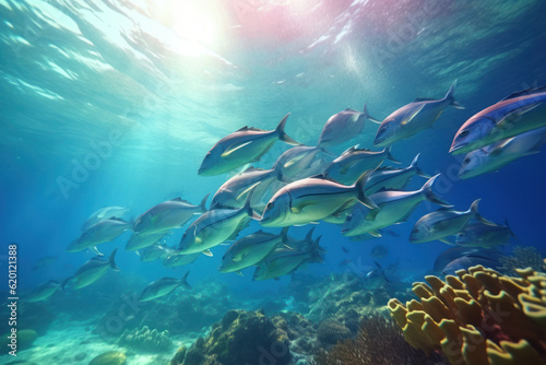 Group of tuna swimming gracefully in the crystal-clear sea  surrounded by vibrant coral reefs  illuminated by the bright afternoon sun. Generative AI.
